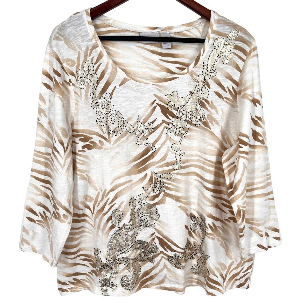 Chicos Zenergy Sz 3 XL Metallic Gold 3/4 Sleeve White Blouse Shirt Top Mature